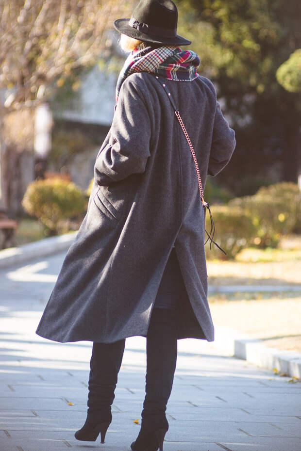 Olga choi fashion blogger myblondegal South Korea smart casual elegant Kate-Katy long oversize coat Kate-Katy white knit vest Armani Exchange leather jacket Kate-Katy check scarf Rebecca Minkoff MAC bag Choies fedora hat-05686