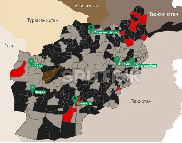 Обстановка в Афганистане на момент 6 июля 2021 года. Черный - провинции под Талибаном. Серый - провинции под правительством Афганистана. Красные - провинции, где идут бои.