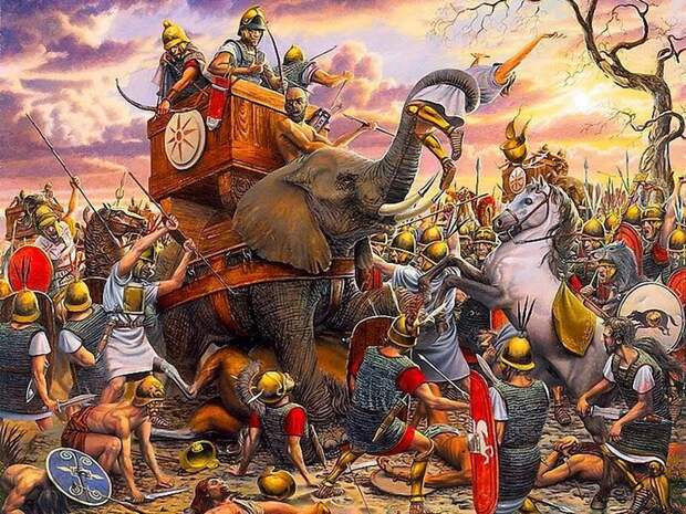 Слоны Пирра в бою. Картина современного художника.