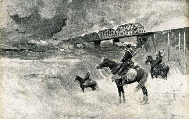 Казаки охраняют манчжурский участок российской железной дороги во время Русско-Японской войны.