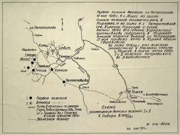 Схема размещения детских колоний в Сибири в 1918–1919 гг., из архива Юрия Заводчикова 