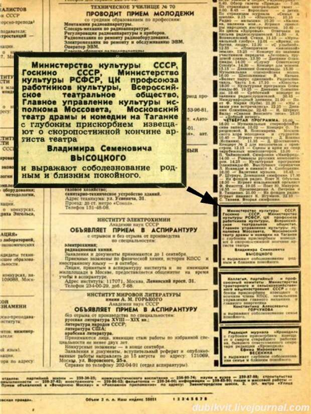 070 Сообщение в советской прессе о смерти В.С.Высоцкого. Некролог в газете Московкая правда