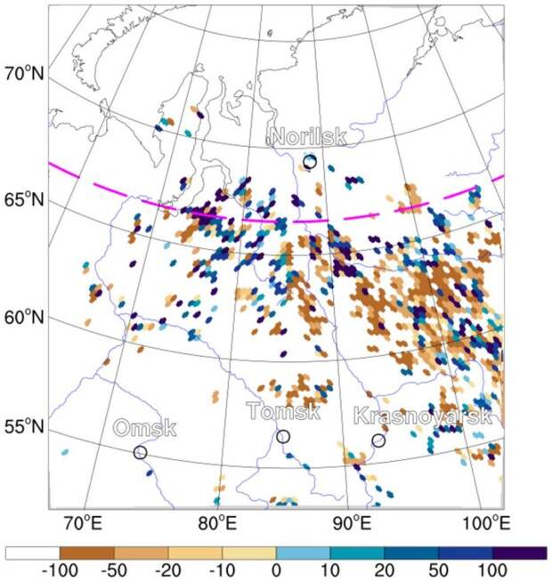 Рис. 1. Относительные изменения количества осадков (%) вследствие дымов над территориями с пожарами в рассмотренном сибирском регионе (июль 2016 г.). Источник: ИПФ РАН