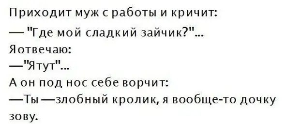 Приходит муж с работы и кричит. Приходит муж с работы и кричит где мой сладкий зайчик. Анекдот зато засасывает. Анекдот про злобного кролика.