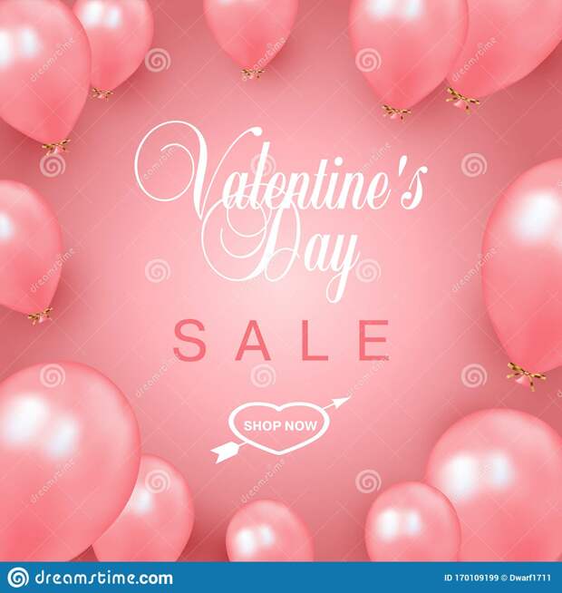 Valentines Day Sale Shop Now text on pink background with balloons. Special offer, discount, advertising campaign square vector banner, flyer, poster, voucher, social network post. 