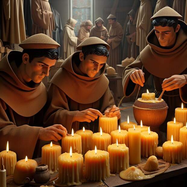 Монахи делают свечи из сала