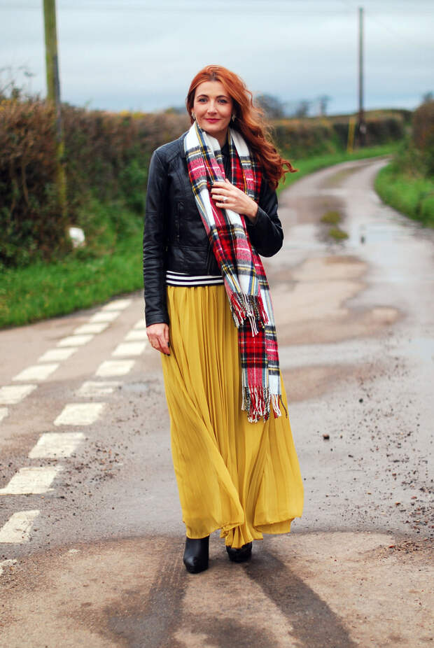 Biker jacket with tartan scarf and yellow maxi skirt