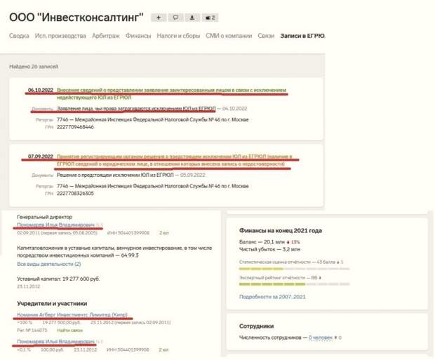 Скриншот записей в ЕГРЮЛ «Инвестконсалтинга»