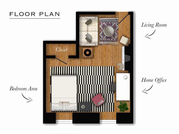 На плане этажа Паулой, показаны три отдельные области, которые она создала в своем номере-студии.