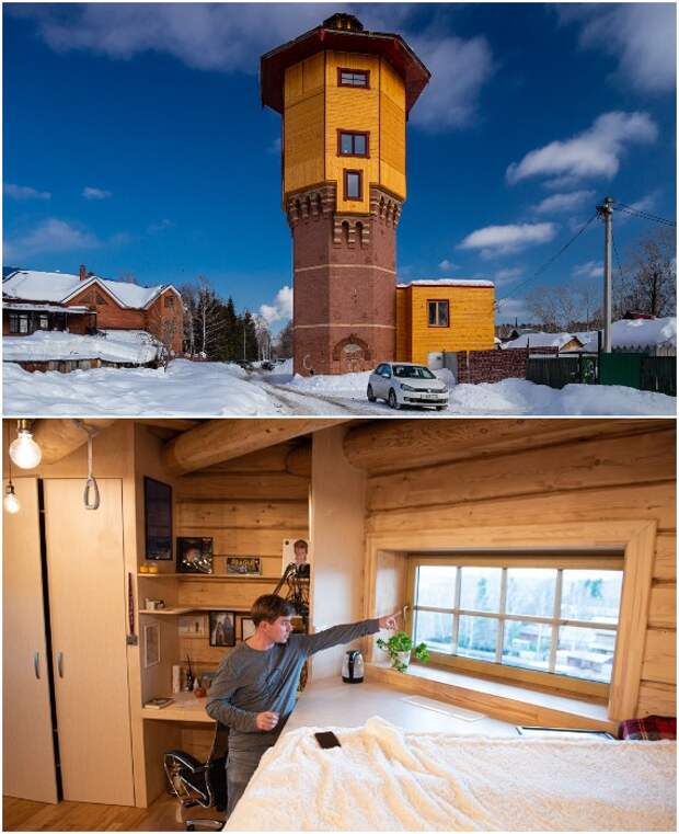 Превращение водонапорной башни в особняк еще в процессе строительства, но энтузиаст уже живет в нем (Томск, Россия).