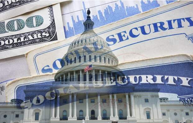 Social Security cards superimposed on an image of the U.S. Capitol Building.