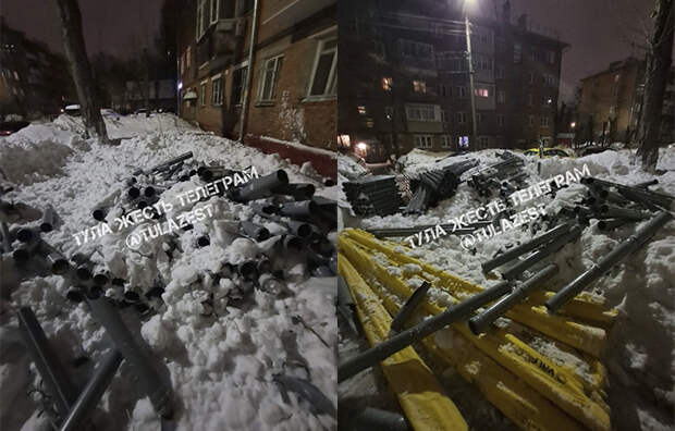 На проспекте Ленина в Туле снежная лавина с крыши сломала ограждение