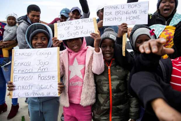 Children greet the victorious Springboks in Zwide, Port Elizabeth, the hometown of Siya Kolisi, after winning the 2019 Rugby World Cup in Japan.