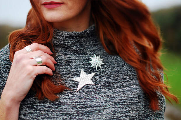 Grey sweater dress, crystal brooches