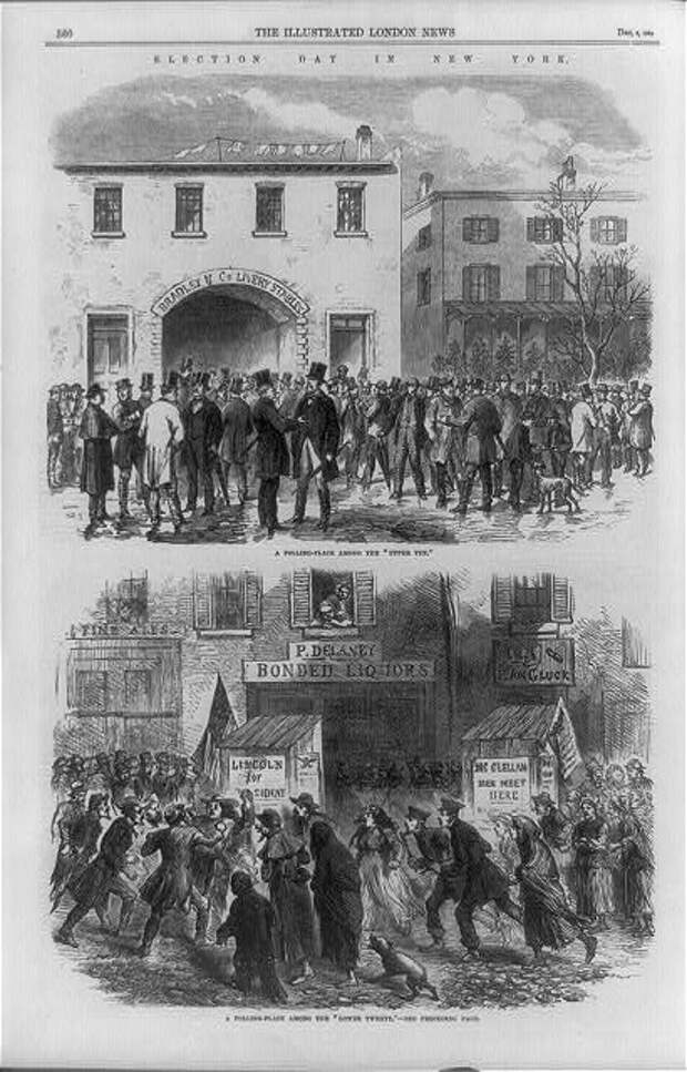 Две сцены в день выборов богатом и бедном районах Нью-Йорка в 1864 году. | Фото: loc.gov.