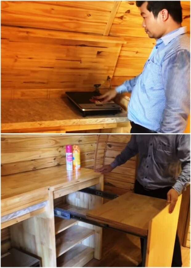 Обычная с виду тумба превращается в настоящий кухонный гарнитур. | Фото: youtube.com.