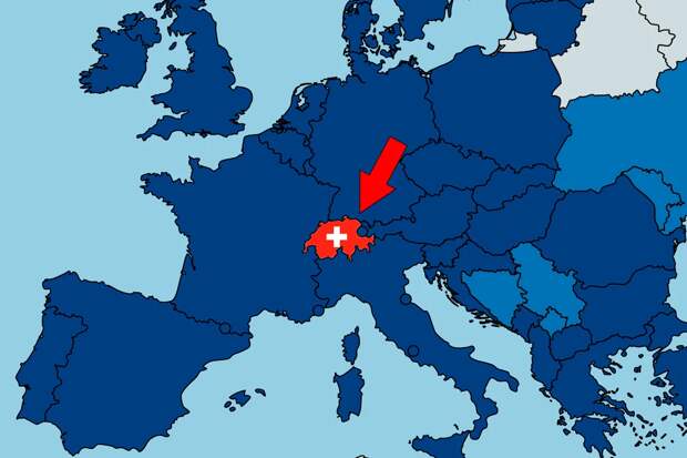 Швейцария на карте Европы.С четырёх сторон её окружают Франция (слева), Германия (сверху), Италия (снизу), Австрия и Лихтенштейн (справа). 
