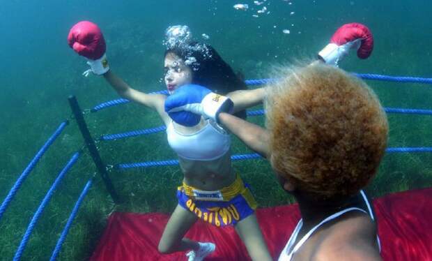 Две девахи боксируют на ринге под водой. Эка невидаль невероятное, прикол, теперь ты видел всё, юмор