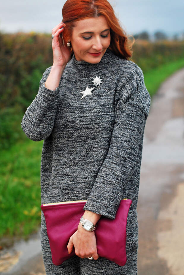 Grey sweater dress, crystal brooches, magenta clutch