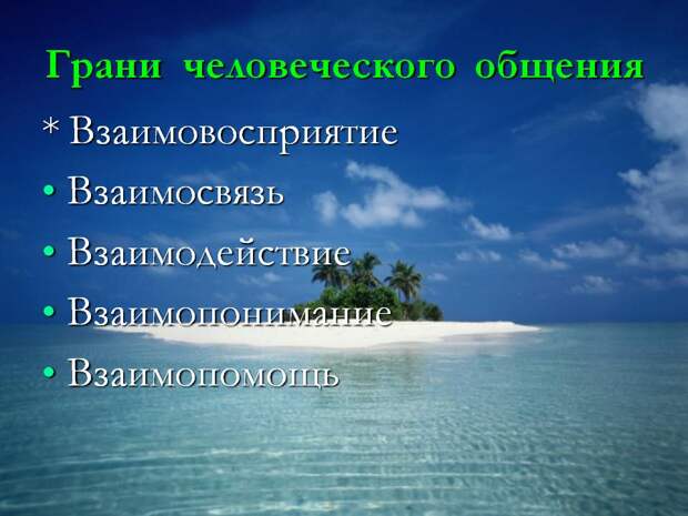 Грани человеческого общения. * Взаимовосприятие Взаимосвязь Взаимодействие Взаимопонимание Взаимопомощь.