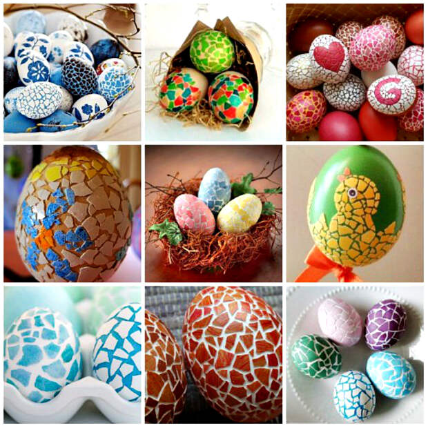 Пасхальные яйца, украшенные мозаикой из скорлупы.