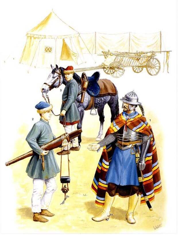Разъезд (гусар и двое слуг) в лагере Источник: Brzezinski R., Vuksic V. Polish winged hussar 1500–1775 - «Второй фронт» Хмельниччины: литовская армия | Военно-исторический портал Warspot.ru