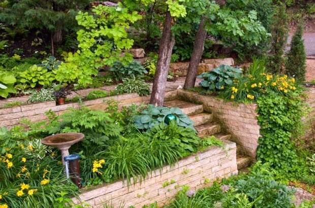 идея садовой каменной лестницы своими руками пышная зелень