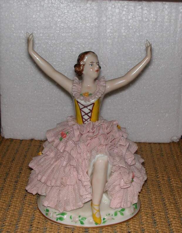 Antique Collectable Dresden Lace German Porcelain Figurine Ballerina Dancer Pink Lace Roses Victorian Figurine. via Etsy.