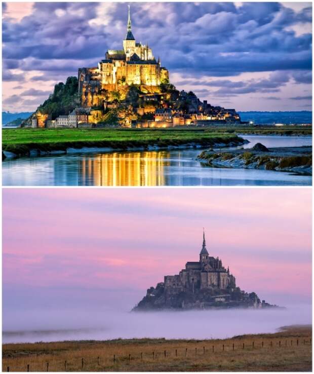 Особенно восхитительно аббатство на острове выглядит в вечернее время и в туманные дни (Мон-Сен-Мишель, Франция).