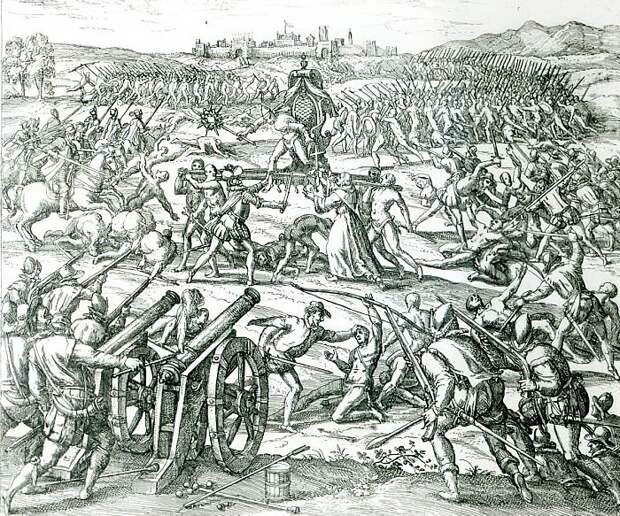 1530 г, гравюра битва испанцев с инками (Куско на заднем плане)