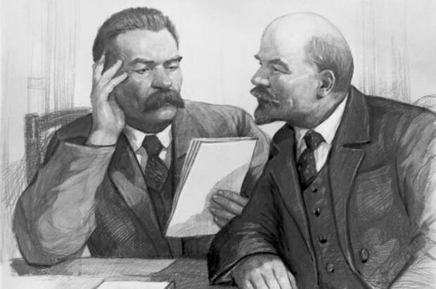 Репродукция картины «Максим Горький и Владимир Ильич Ленин» работы художника Петра Васильевича Васильева. Акварель. 1954 год.