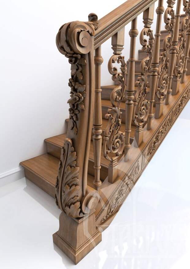 Деревянная лестница на базе стандартных моделей из каталога компании "Ставрос". Использованы: L-001, L-034, L-056, N-234.
