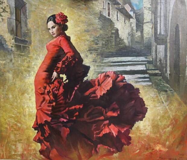 На сцене танцовщицы фламенко долго предпочитали красный цвет, чтобы подчеркнуть пламенность танцы. Картина Сергея Меренкова.