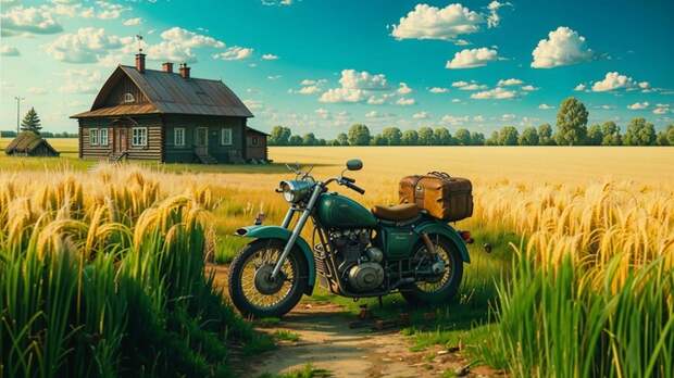 Мопед в деревне / Изображение сгенерировано FusionBrain.AI от Sber AI / amic.ru
