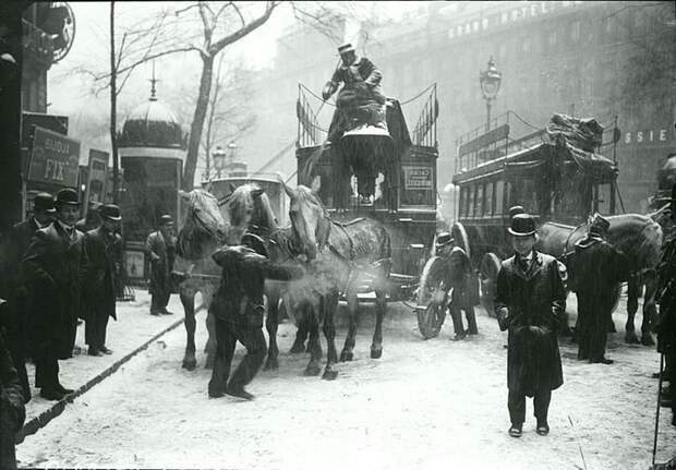 Конный транспорт в Париже, холодная зима 1908 года Весь Мир в объективе, ретро, старые фото