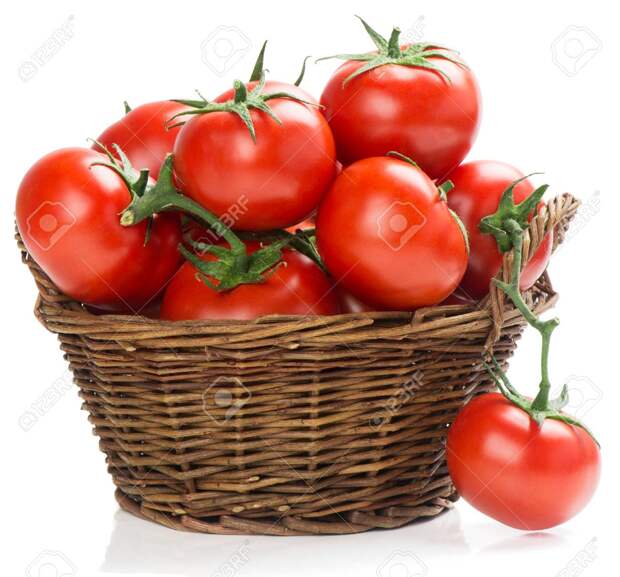 Fresh Tomatoes In A Basket On A White Background Stock Photo, Picture And  Royalty Free Image. Image 28828943.