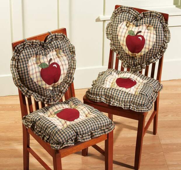 Set of 2 - 2pc Country Plaid Apple Kitchen Chair Cushions