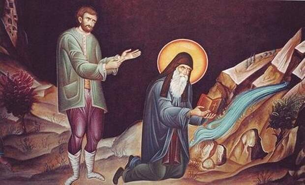 Святой Арсений извлекает воду из святого источника. Изображение на стене в трапезной монастыря Суроти