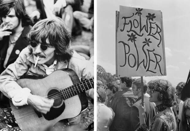 Слева: Джордж Харрисон одолжил гитару у местных хиппи, гуляя по парку «Золотые ворота», Сан-Франциско, 1967 год. Справа: демонстранты выступают за легализацию наркотиков в Гайд-парке, Лондон, 1967 год. интересное/. фотографии, история, хиппи