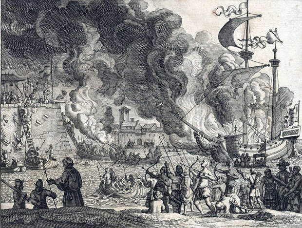 Гравюра 1672 года по рисунку голландского анонима, изображающая якобы взятие португальцами Диу в 1535 году. commons.wikimedia.org - Диу: великий штурм | Warspot.ru