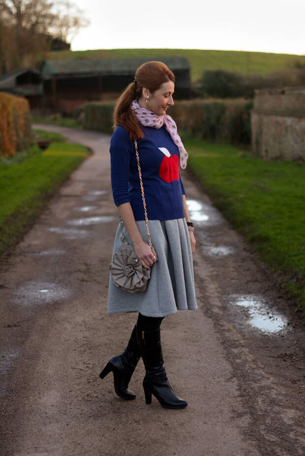 Pink polka dot scarf with navy and grey