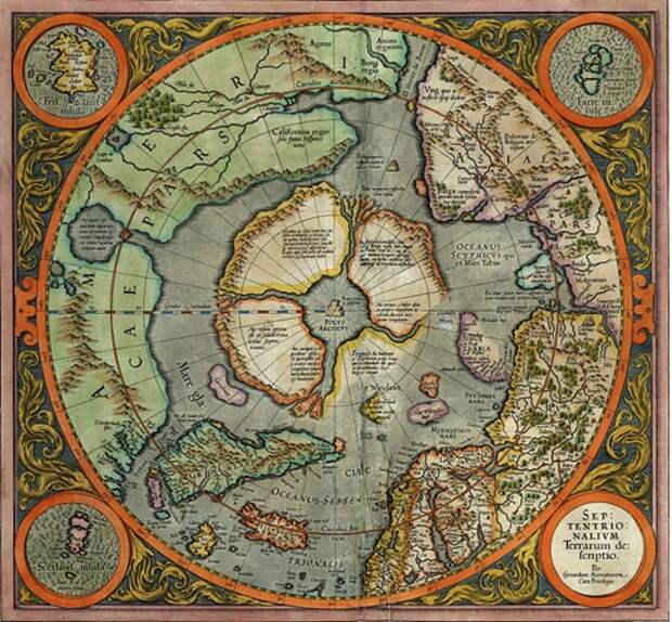 Карта Меркатора около 1595 г. Меркатор, Герард – Первая карта Северного полюса, 1569 (Публикация Хендрика Хондиуса 1606 года). Высокое разрешение - см. пункт 2 внизу статьи.
