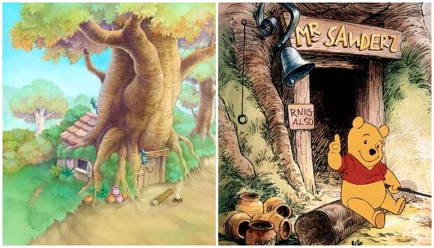 Так выглядит Винни-Пух и его домик в диснеевском мультфильме (Эшдаунский лес, Великобритания).