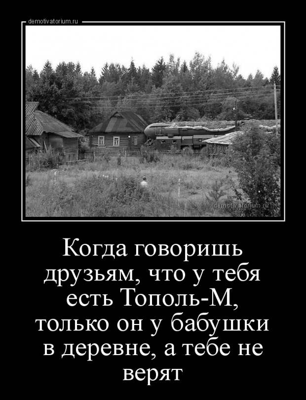 когда говоришь друзьям, что у тебя есть тополь-м, только он у бабушки в деревне, а тебе не верят демотиватор, прикол, юмор