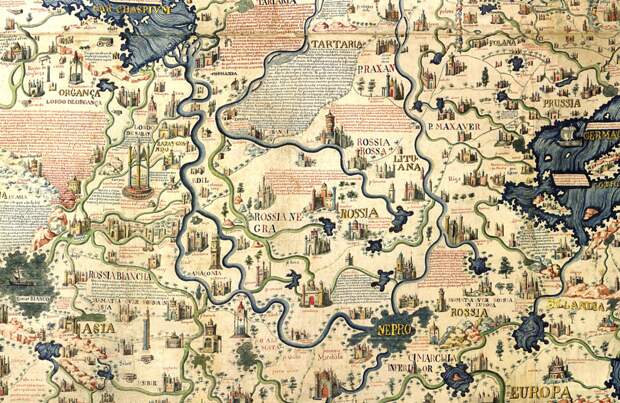 Русь на карте Фра Мауро (1450). Указаны Червонная Русь (Rossia Rossa), Чёрная Русь (Rossia Negra), Белая Русь (Rossia Biancha) . Юг, тут сверху, запад справа, восток слева. 