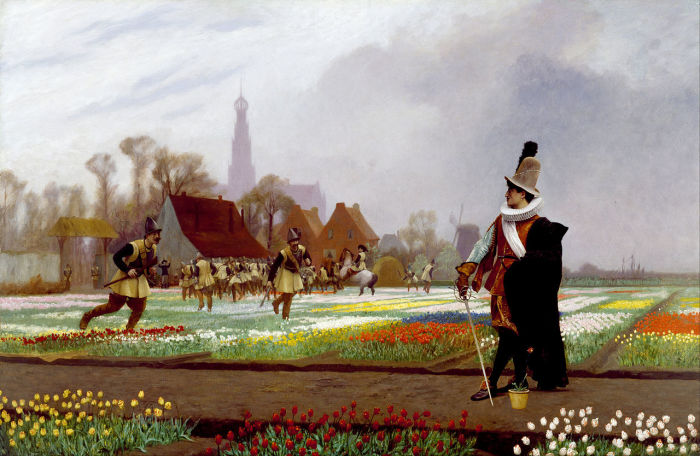 Жан-Леон Жером, «Тюльпановое безумие», 1882 год. На фоне силуэта мирного голландского Харлема развернулись аллегорические «боевые действия» - солдаты вытаптывают поля тюльпанов. 