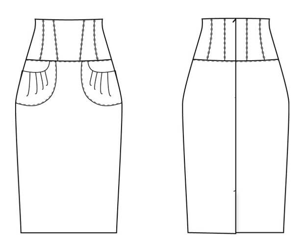 Выкройка юбки карандаш с широким поясом кокеткой
