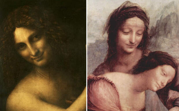 Фрагменты картин Леонардо да Винчи с подобными загадочными улыбками («Иоанн Креститель» и «Святая Анна с Мадонной и младенцем Христом»)