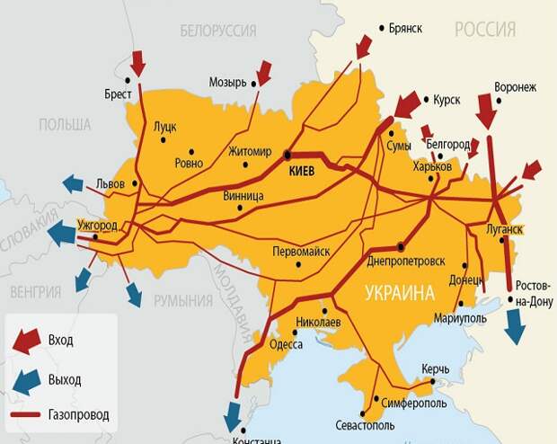 Карта транзита газа через украину в европу