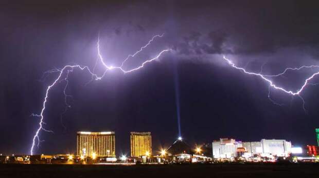 The Luxor Sky Beam can be seen shining into the sky from the top of the hotel's pyramid structure on July 7, 2014.